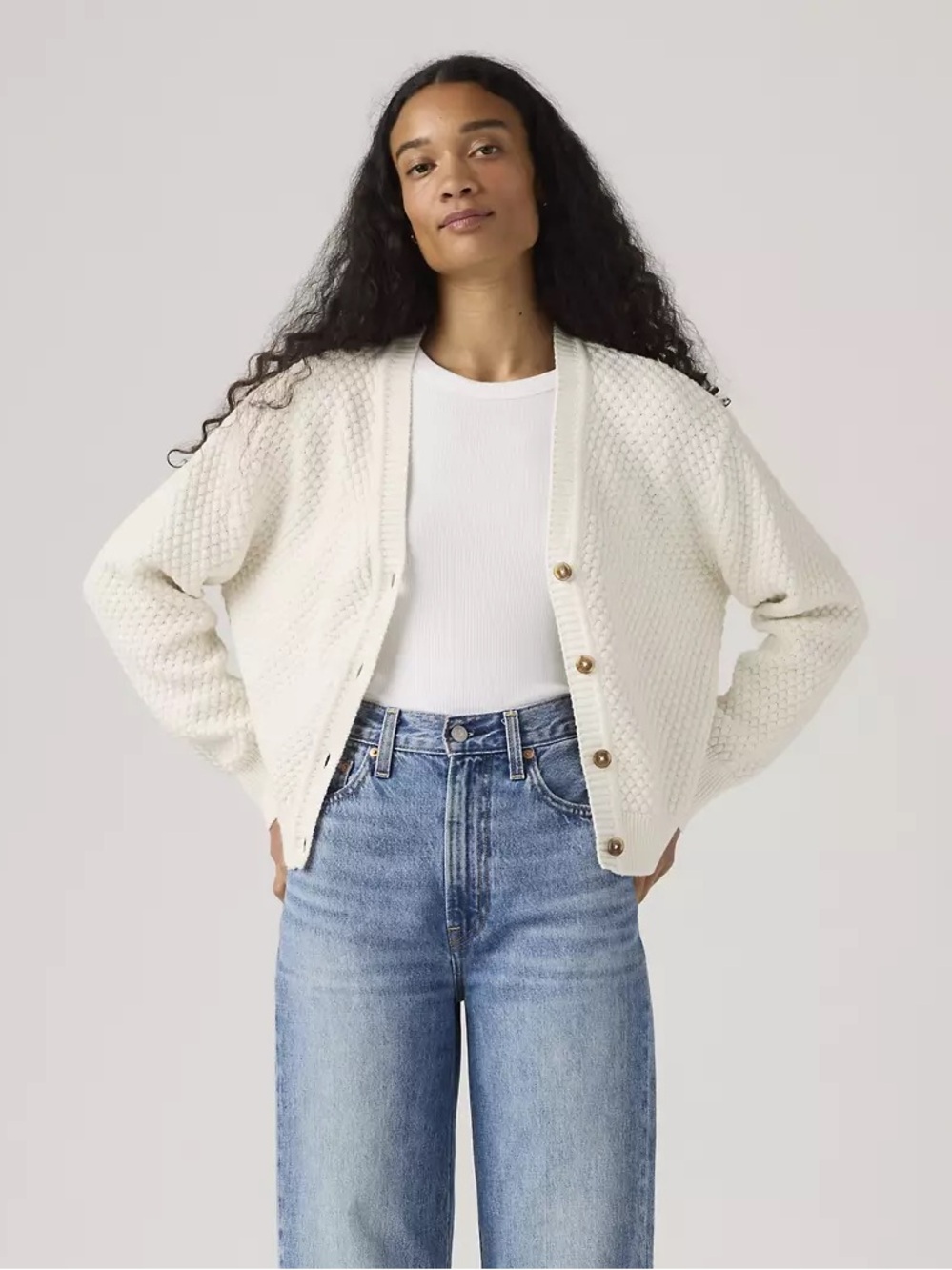 Levi’s 100% Cotton Snowflake Woven Cardigan Sweater Tofu White XL - Picture 2 of 10